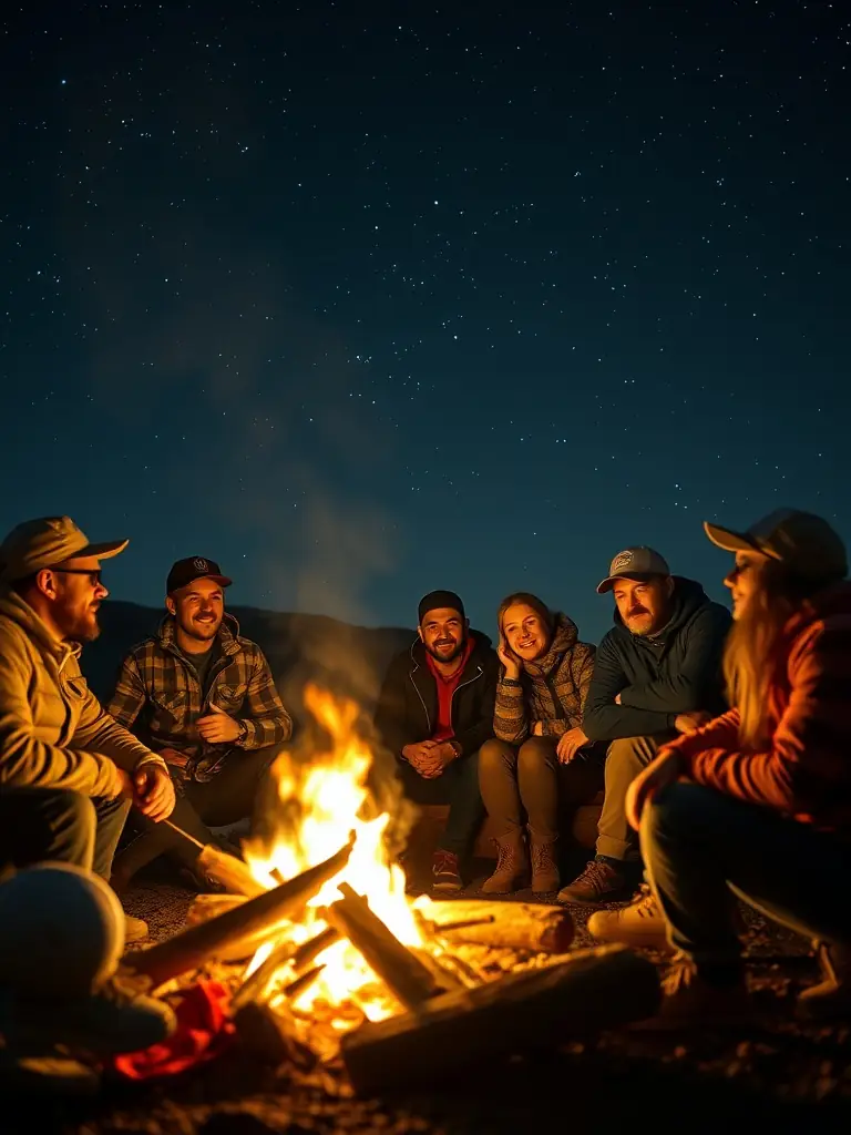 Off-road enthusiasts sharing stories around a campfire under the stars.