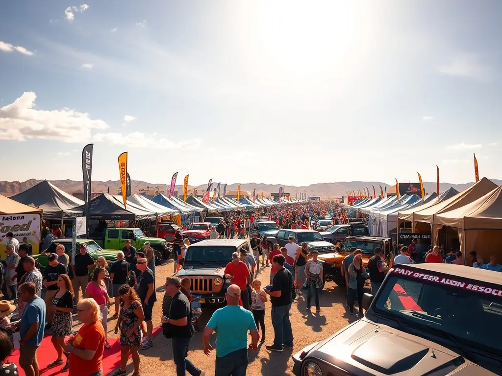 Attendees exploring various exhibits at a vibrant off-roading show.