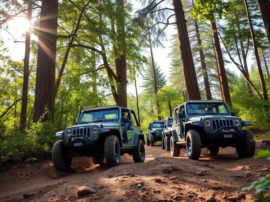 Off-road vehicles navigating a rugged trail surrounded by lush greenery.