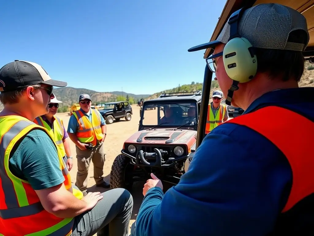 An instructor teaching off-road driving techniques to participants at a driving school.