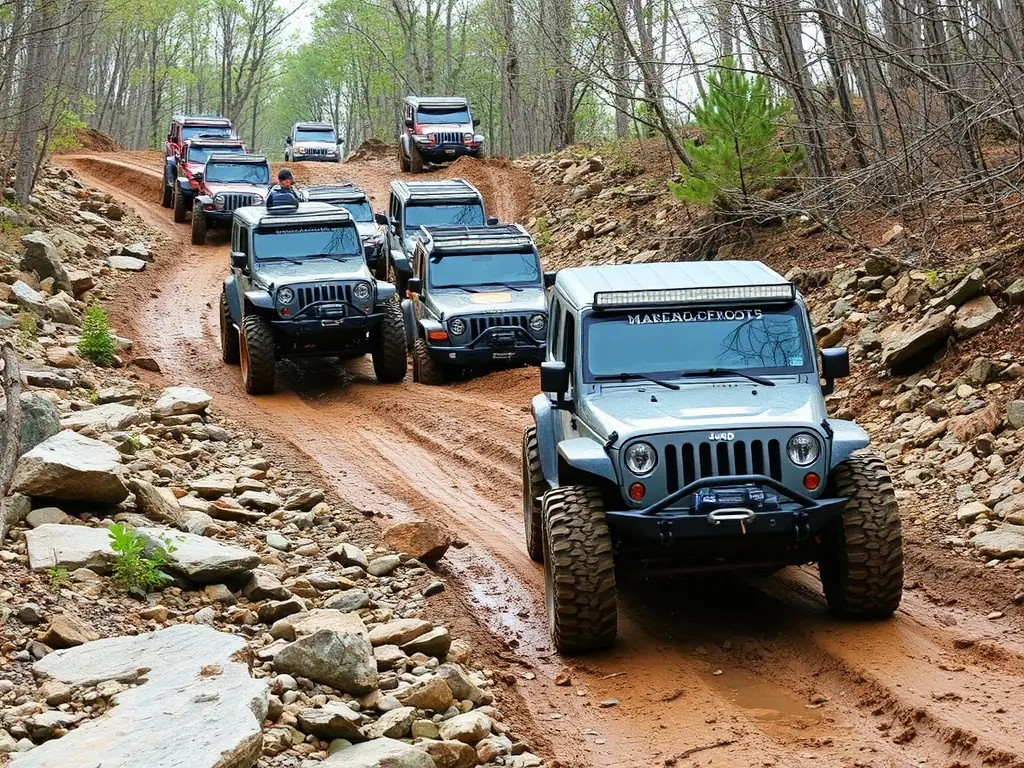 Off-road vehicles navigating a challenging trail during a trail ride.