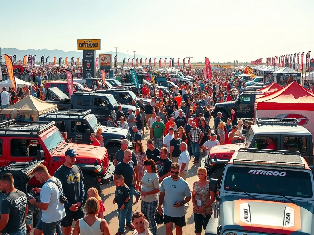 Attendees engaging with vendors at a vibrant off-roading show.