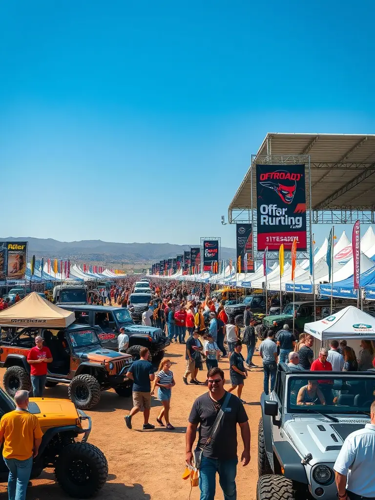 A vibrant off-roading show with attendees engaging with vendors and exploring the latest vehicles.