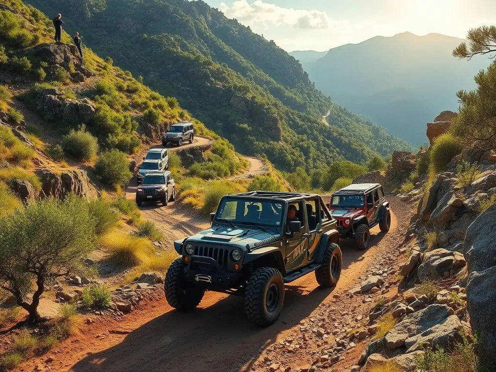 Off-road vehicles navigating a challenging trail in a beautiful landscape.